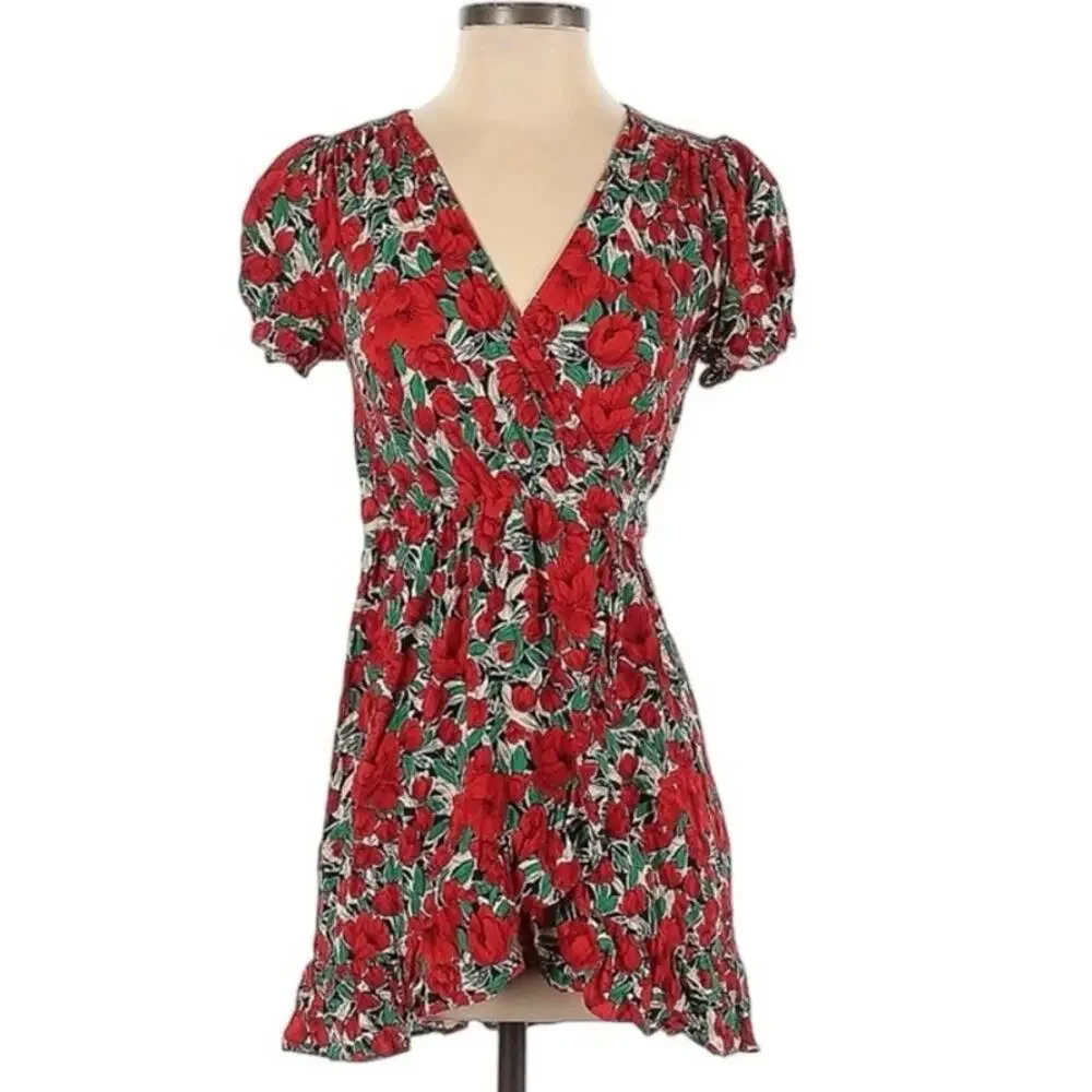 Zara Floral Vibrant Roses Whimsical Wrap Knee Length Dress Size Large. - Picture 1 of 5